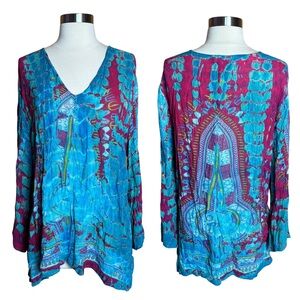 Greater Good Boho Hippie Tyedye Flowy 3/4 Sleeve Funky Abstract Tunic Top L/XL
